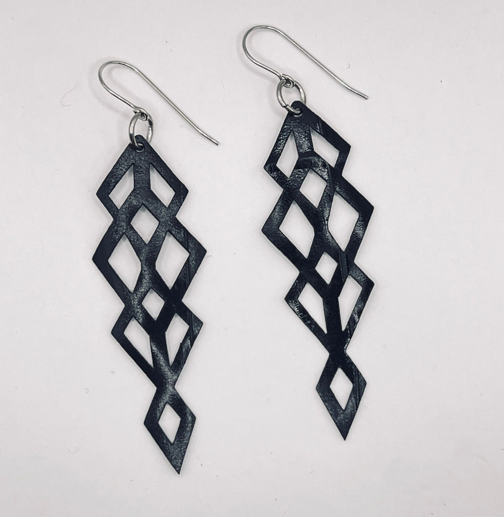 upcycled, laser cut, bike tube rubber earring, weightless, waterproof, comfortable, stainless steel non-allergenic ear wires and findings.