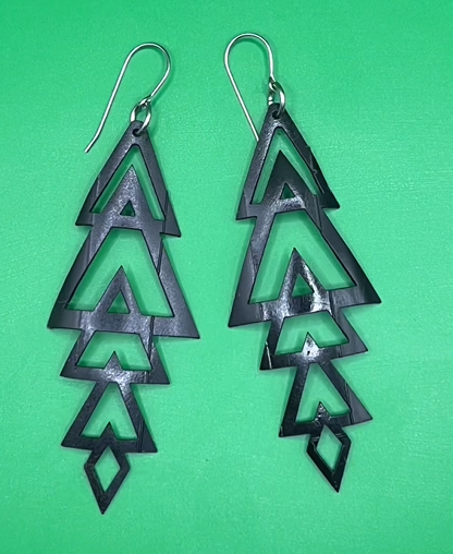 upcycled, laser cut, bike tube rubber earring, weightless, waterproof, comfortable, stainless steel non-allergenic ear wires and findings.